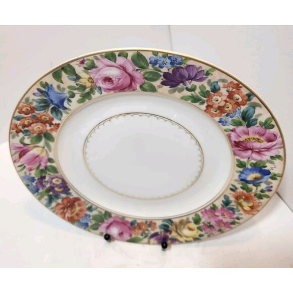 Vintage Handpainted Dresden Colorful Floral Dinner Plate 10.5" Gold Trim Rare - Picture 3 of 6